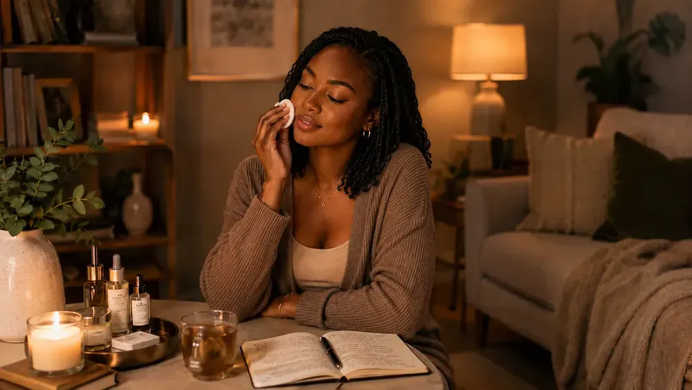 Woman in a cozy evening room doing skincare beside a journal, tea, candle, and beauty products