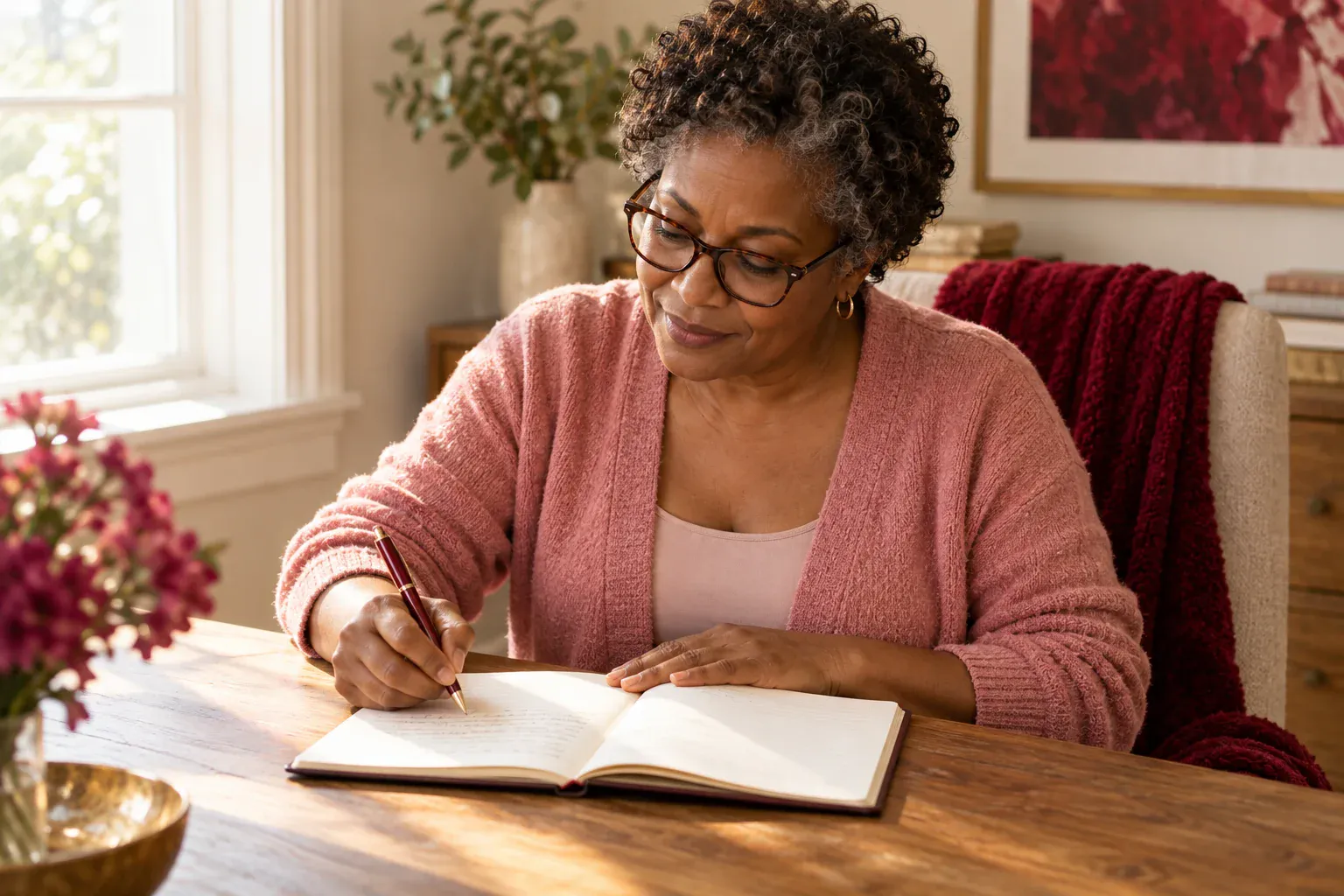 Woman with reading glasses and short curls writing in an open notebook at a wooden desk in morning light.