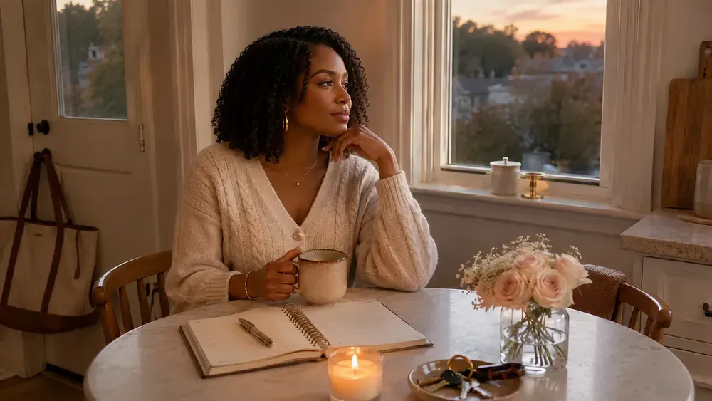 Woman standing by a bright window holding a blue mug and looking out thoughtfully