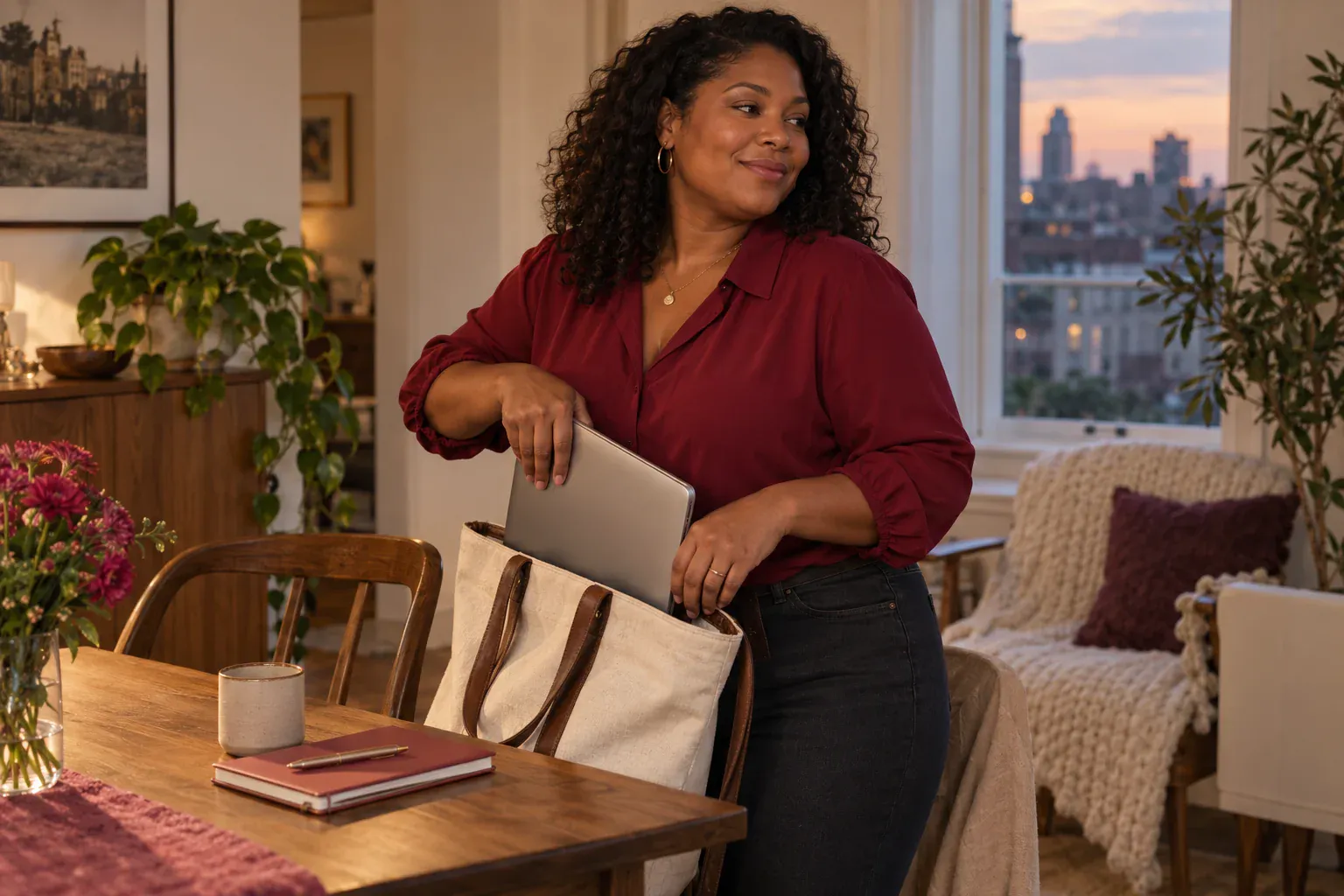 Woman in a ruby blouse putting a closed laptop into a canvas bag beside her dining table.